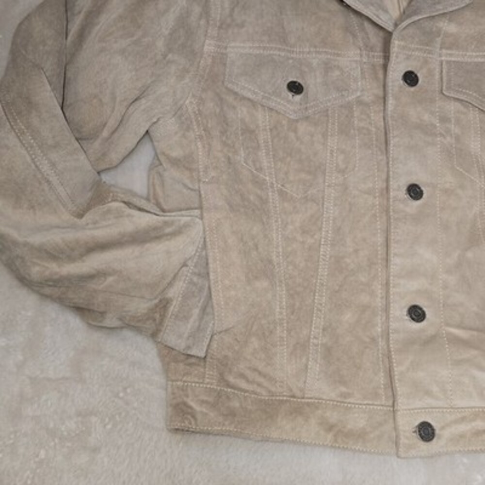 GAP Genuine Suede Leather Trucker Jacket Beige Tan Vintage 90s Men’s Small 100% - Picture 2 of 9